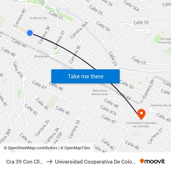 Cra 39 Con Cll 50 to Universidad Cooperativa De Colombia map