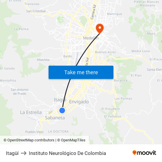 Itagüí to Instituto Neurológico De Colombia map