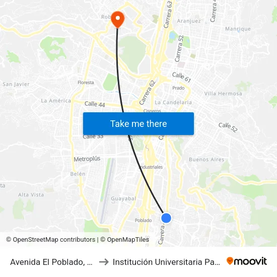 Avenida El Poblado, 102-1074 to Institución Universitaria Pascual Bravo map