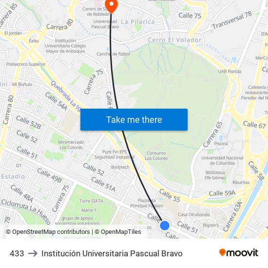 433 to Institución Universitaria Pascual Bravo map