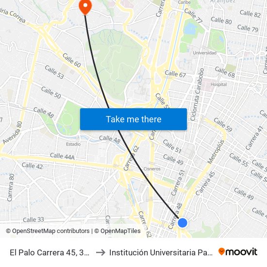 El Palo Carrera 45, 382-38108 to Institución Universitaria Pascual Bravo map