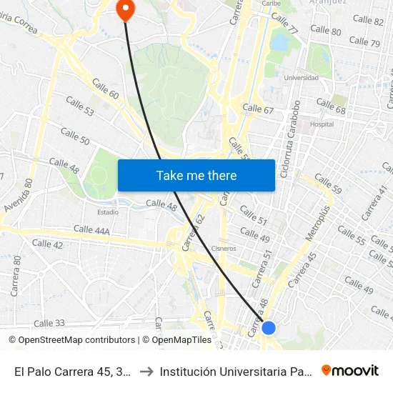 El Palo Carrera 45, 382-38108 to Institución Universitaria Pascual Bravo map