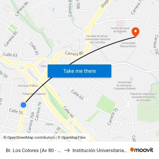 Br. Los Colores (Av 80 - Cl 55, Medellín) to Institución Universitaria Pascual Bravo map