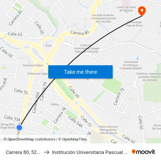 Carrera 80, 52b95 to Institución Universitaria Pascual Bravo map
