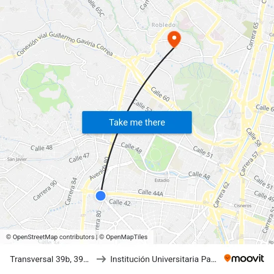 Transversal 39b, 39a1-39a23 to Institución Universitaria Pascual Bravo map