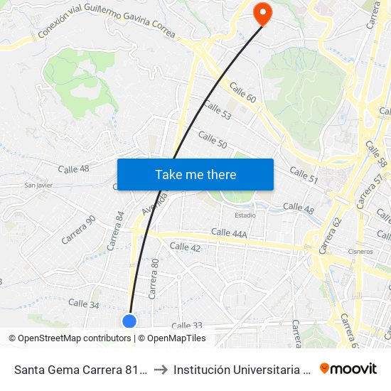 Santa Gema Carrera 81, 33a1-33a59 to Institución Universitaria Pascual Bravo map