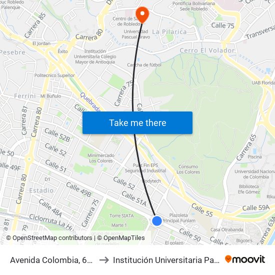 Avenida Colombia, 682-68204 to Institución Universitaria Pascual Bravo map