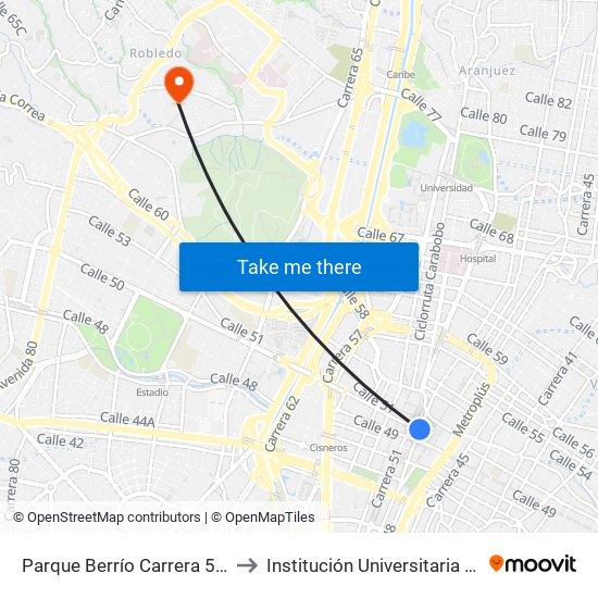 Parque Berrío Carrera 50, 502-50106 to Institución Universitaria Pascual Bravo map