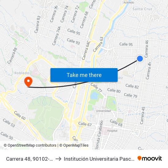 Carrera 48, 90102-90238 to Institución Universitaria Pascual Bravo map