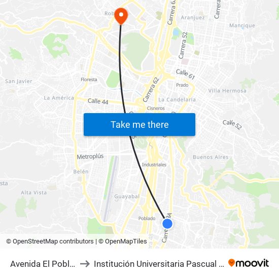 Avenida El Poblado to Institución Universitaria Pascual Bravo map