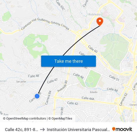 Calle 42c, 891-8999 to Institución Universitaria Pascual Bravo map