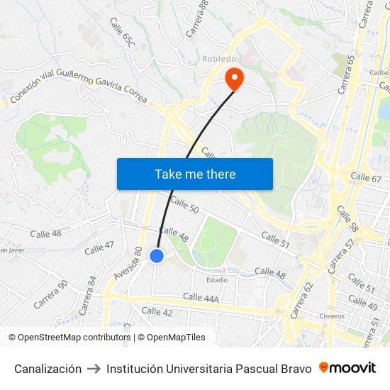 Canalización to Institución Universitaria Pascual Bravo map