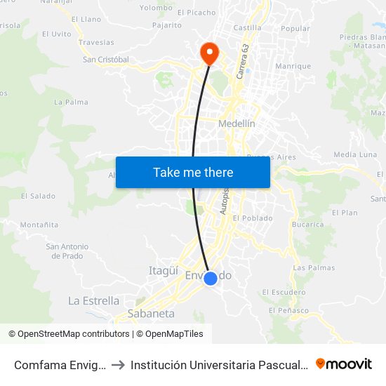 Comfama Envigado to Institución Universitaria Pascual Bravo map