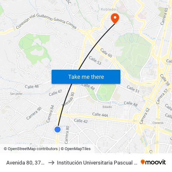 Avenida 80, 37d24 to Institución Universitaria Pascual Bravo map