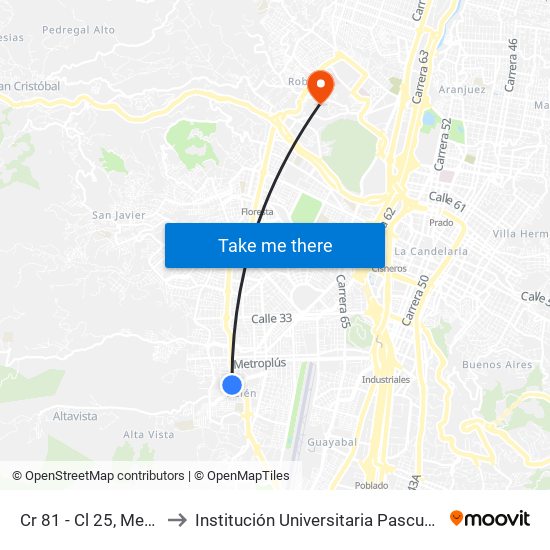 Cr 81 - Cl 25, Medellín to Institución Universitaria Pascual Bravo map