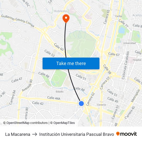 La Macarena to Institución Universitaria Pascual Bravo map