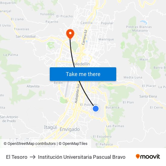 El Tesoro to Institución Universitaria Pascual Bravo map