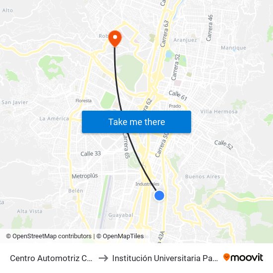 Centro Automotriz Carrera 43f to Institución Universitaria Pascual Bravo map