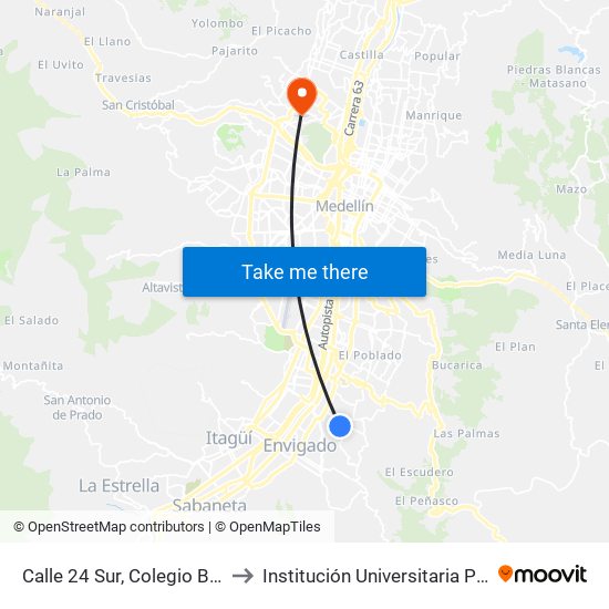 Calle 24 Sur, Colegio Benedictinos to Institución Universitaria Pascual Bravo map