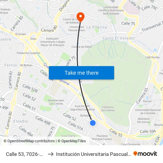 Calle 53, 7026-7040 to Institución Universitaria Pascual Bravo map