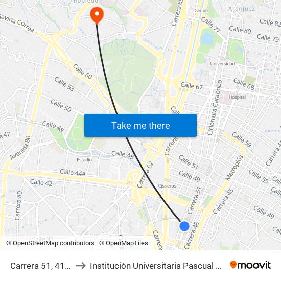 Carrera 51, 41-76 to Institución Universitaria Pascual Bravo map