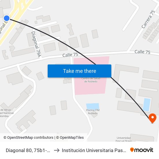 Diagonal 80, 75b1-75b159 to Institución Universitaria Pascual Bravo map