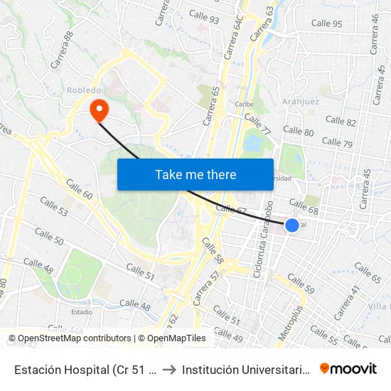 Estación Hospital (Cr 51 - Cl 65, Medellín) to Institución Universitaria Pascual Bravo map