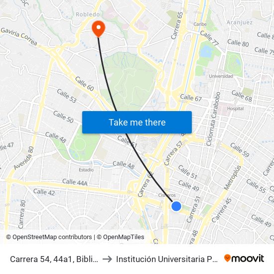 Carrera 54, 44a1, Biblioteca Epm to Institución Universitaria Pascual Bravo map