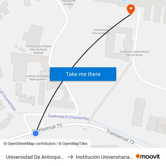 Universidad De Antioquia Sede Robledo to Institución Universitaria Pascual Bravo map