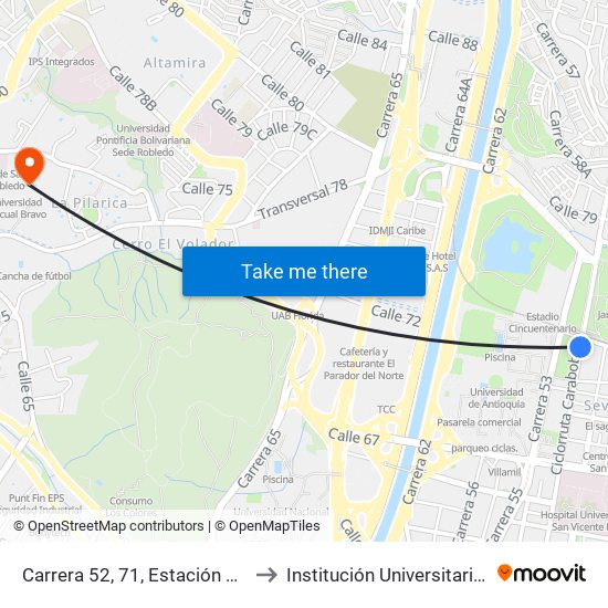 Carrera 52, 71, Estación Universidad Buses to Institución Universitaria Pascual Bravo map
