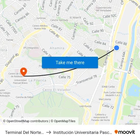 Terminal Del Norte Buses to Institución Universitaria Pascual Bravo map