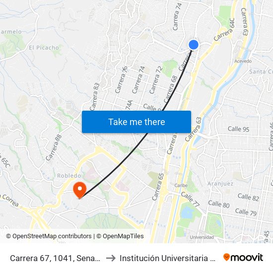 Carrera 67, 1041, Sena De Pedregal to Institución Universitaria Pascual Bravo map