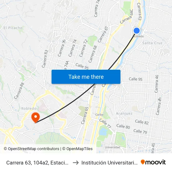 Carrera 63, 104a2, Estación Acevedo Buses to Institución Universitaria Pascual Bravo map