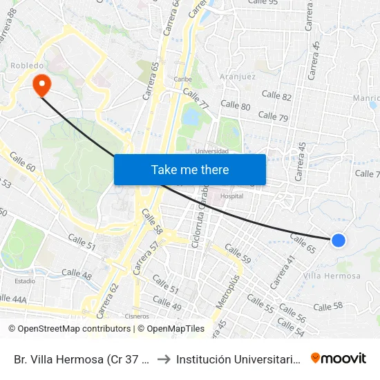 Br. Villa Hermosa (Cr 37 - Cl 66, Medellín) to Institución Universitaria Pascual Bravo map