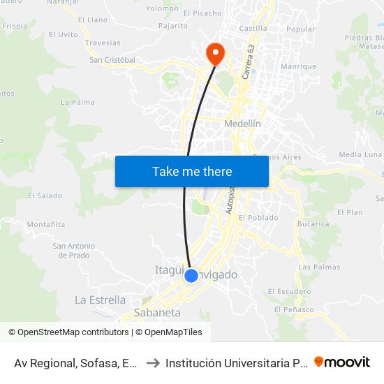Av Regional, Sofasa, Est. Envigado to Institución Universitaria Pascual Bravo map
