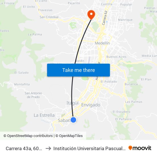 Carrera 43a, 60s-61 to Institución Universitaria Pascual Bravo map