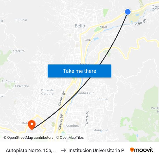 Autopista Norte, 15a, Peaje Niquía to Institución Universitaria Pascual Bravo map