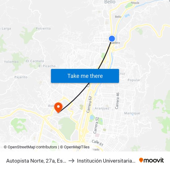 Autopista Norte, 27a, Estación Madera to Institución Universitaria Pascual Bravo map