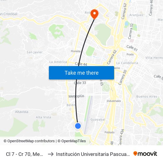 Cl 7 - Cr 70, Medellín to Institución Universitaria Pascual Bravo map