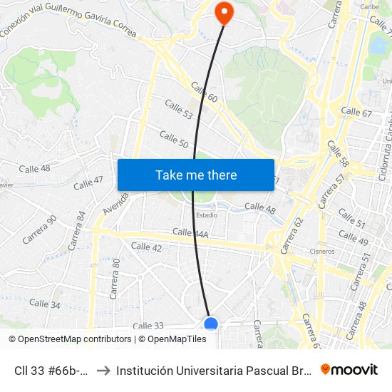 Cll 33 #66b-90 to Institución Universitaria Pascual Bravo map