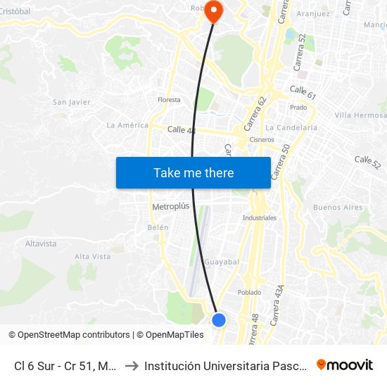 Cl 6 Sur - Cr 51, Medellín to Institución Universitaria Pascual Bravo map