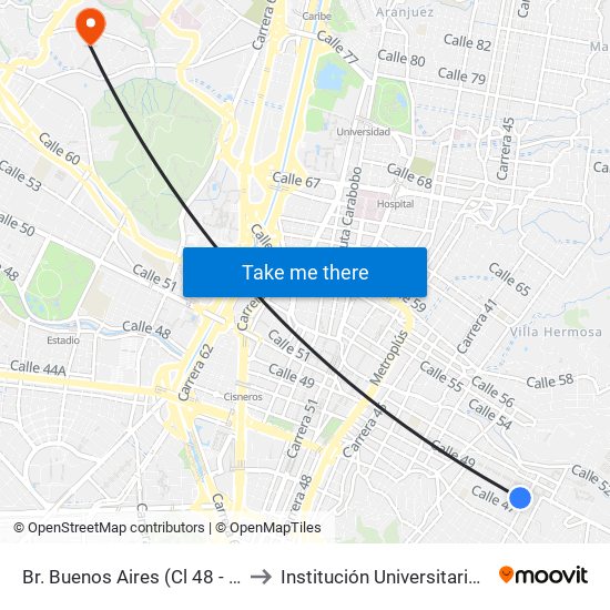 Br. Buenos Aires (Cl 48 - Cr 30, Medellín) to Institución Universitaria Pascual Bravo map