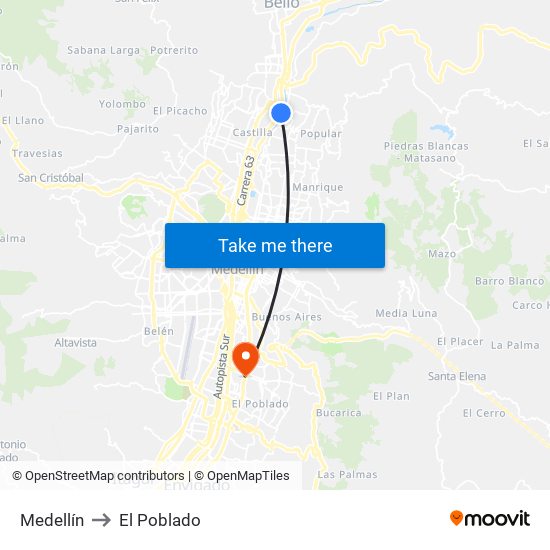 Medellín to El Poblado map