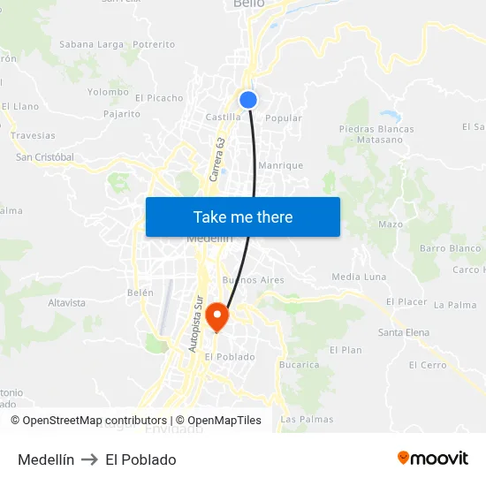 Medellín to El Poblado map
