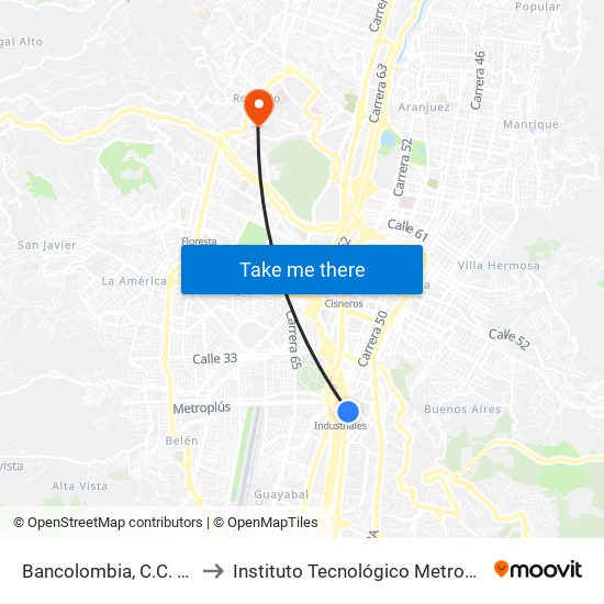 Bancolombia, C.C. Punto Clave to Instituto Tecnológico Metropolitano Robledo map