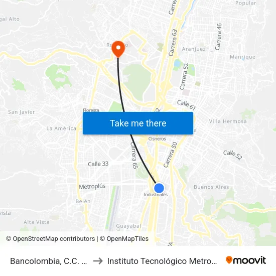 Bancolombia, C.C. Punto Clave to Instituto Tecnológico Metropolitano Robledo map