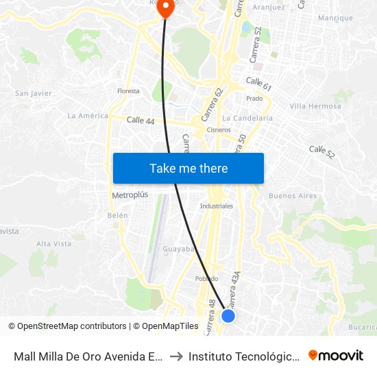 Mall Milla De Oro Avenida El Poblado, 1a Sur246-1a Sur274 to Instituto Tecnológico Metropolitano Robledo map