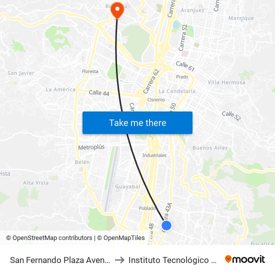 San Fernando Plaza Avenida El Poblado, 18-1162 to Instituto Tecnológico Metropolitano Robledo map