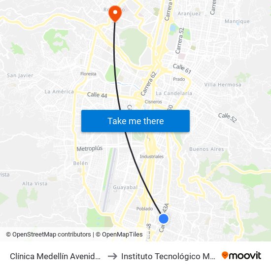 Clínica Medellín Avenida El Poblado, 72-754 to Instituto Tecnológico Metropolitano Robledo map