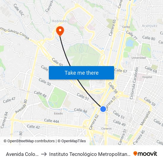 Avenida Colombia to Instituto Tecnológico Metropolitano Robledo map